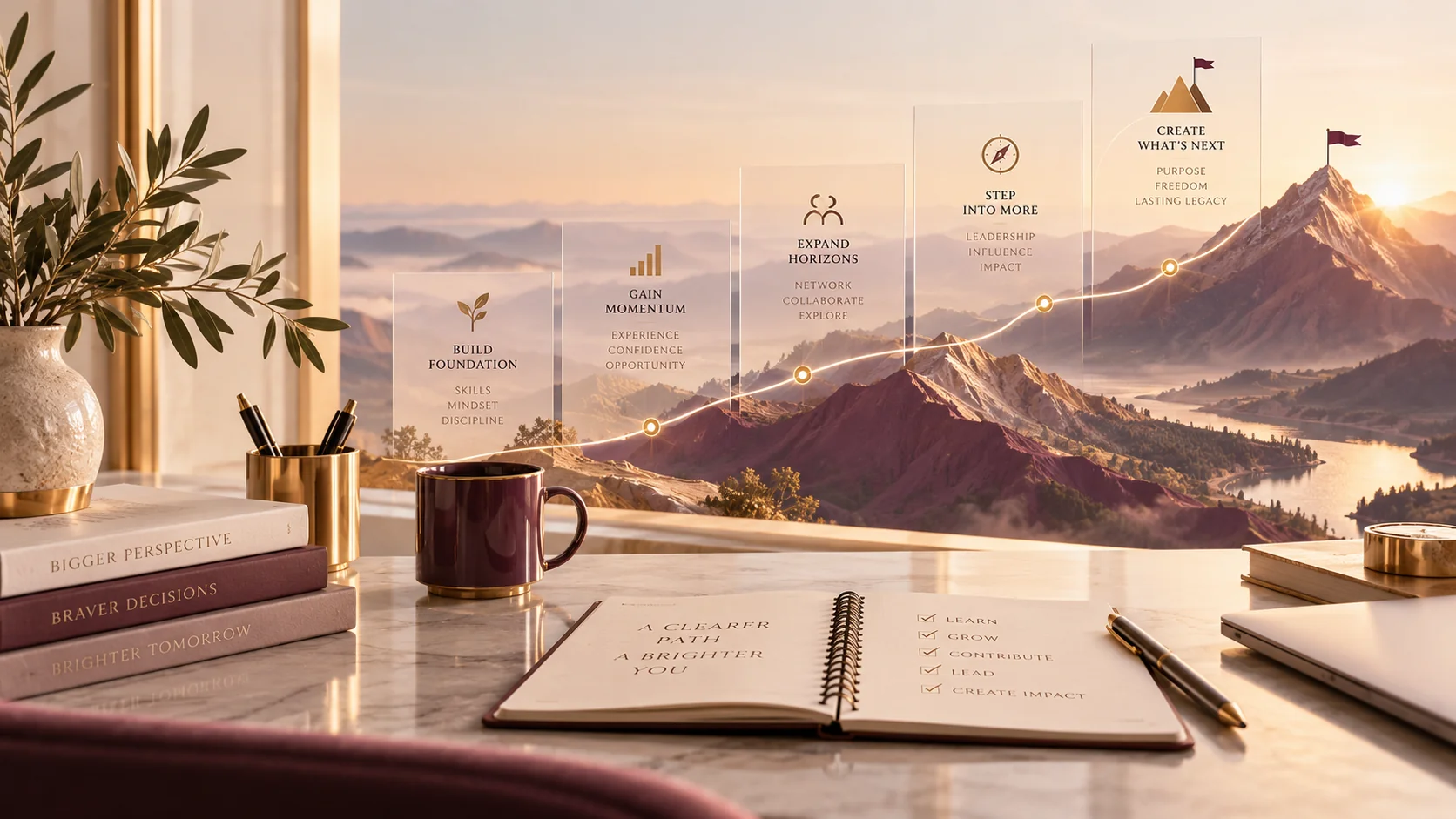 Visual konseptual perjalanan karier melalui milestone menuju puncak